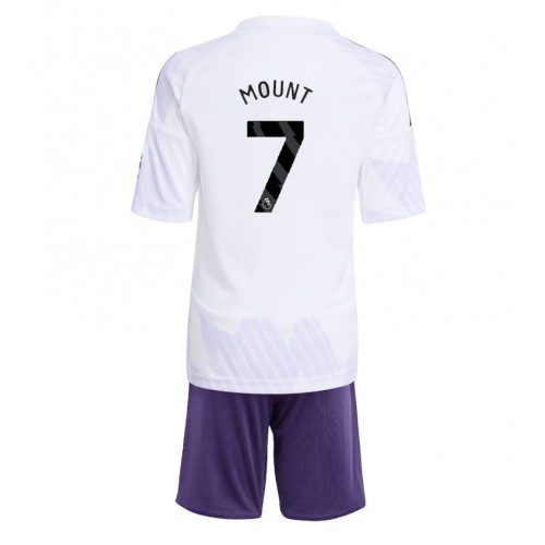Stroje piłkarskie Manchester United Mason Mount #7 Koszulka Wyjazdowej dla dzieci 2025-26 Krótki Rękaw (+ szorty)